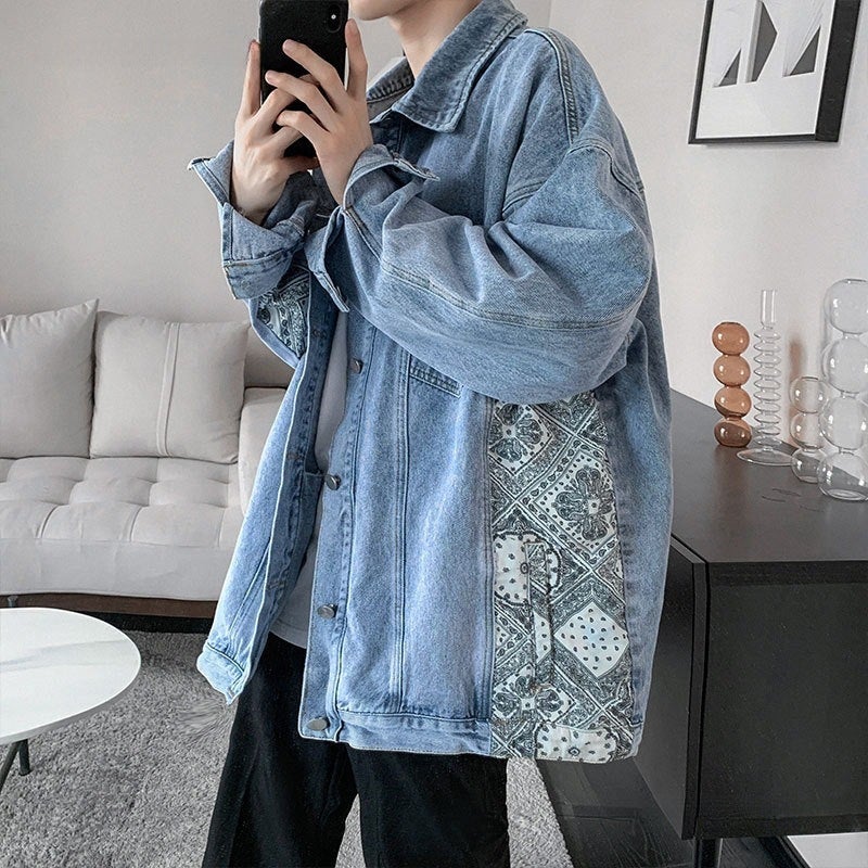 Men's Paisley Denim Jacket Loose Fit Casual Workwear Outerwear Spring Autumn Streetwear Hip Hop Jacket - Image 2
