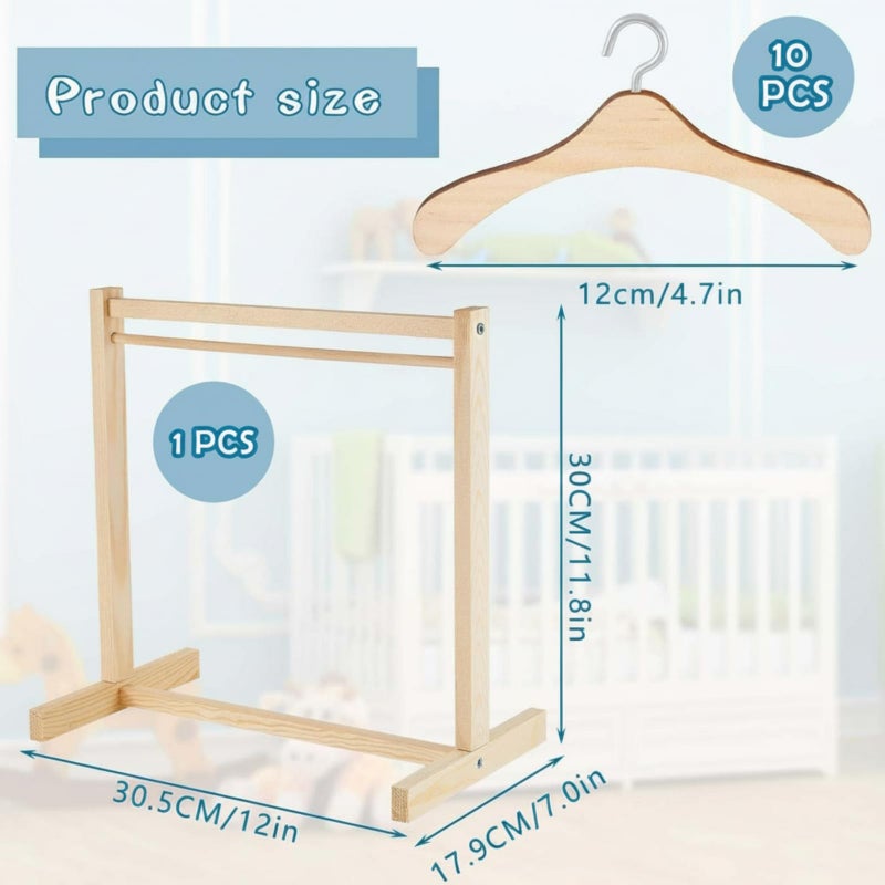 Civaner 11 Pcs Doll Garment Rack with Wooden Clothes Hanger for 18 Inch Girl Doll Clothes Mini Hangers Wardrobe Furniture Accessories for Dollhouse Baby Shower Supplies Wood - Image 3