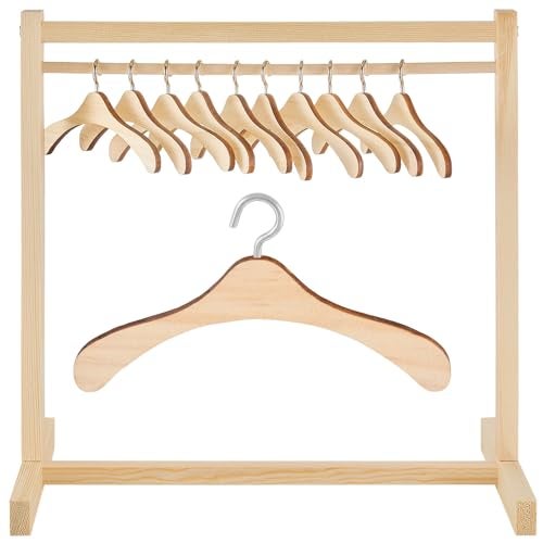 Civaner 11 Pcs Doll Garment Rack with Wooden Clothes Hanger for 18 Inch Girl Doll Clothes Mini Hangers Wardrobe Furniture Accessories for Dollhouse Baby Shower Supplies Wood - Image 1