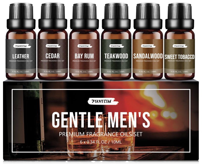 FUHITIM Fragrance Oil Gentlemen's Set, Scented Oil for Candle Scents for Candle Making, Soap Making Scents, Diffuser Oils Scents | Leather, Sweet Tobacco, Teakwood, Bay Rum, Cedar, Sandalwood (6*10ML) - Image 1