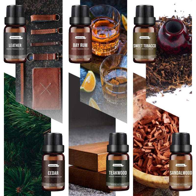 FUHITIM Fragrance Oil Gentlemen's Set, Scented Oil for Candle Scents for Candle Making, Soap Making Scents, Diffuser Oils Scents | Leather, Sweet Tobacco, Teakwood, Bay Rum, Cedar, Sandalwood (6*10ML) - Image 2