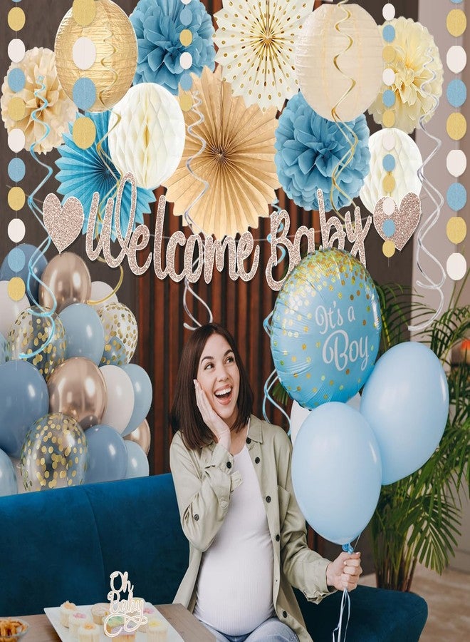 Vztipki Light-Dusty Blue Boho Baby Shower Decorations, 69pcs Beige Champagne Boy Neutral Welcome Baby Banner Décor With Sand White Ice Blue Balloons Paper Lanterns Pom Poms Fan Baby Shower Party Wall Backdrop - Image 4