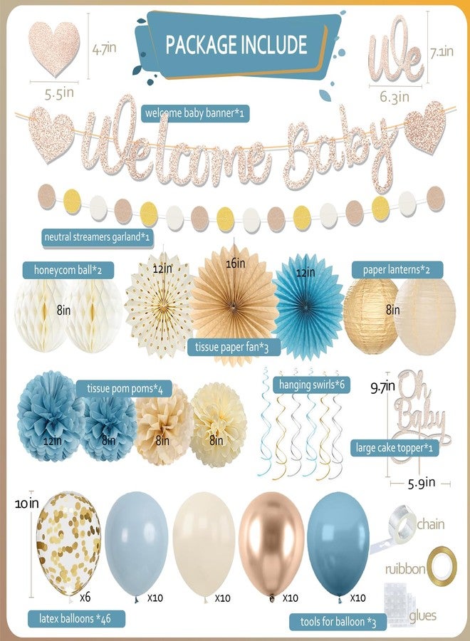Vztipki Light-Dusty Blue Boho Baby Shower Decorations, 69pcs Beige Champagne Boy Neutral Welcome Baby Banner Décor With Sand White Ice Blue Balloons Paper Lanterns Pom Poms Fan Baby Shower Party Wall Backdrop - Image 2