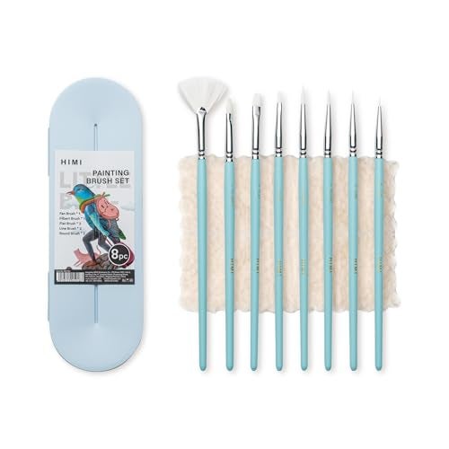 HIMI Paint Brushes Set 8 Pcs for Acrylic Oil Gouache Paint，2 Flat & 2 Round & 2 Liner &1 Filbret &1 Fan, 8pcs Brushs, Interesting Designed Nice Gift for Art hobbyist Beginners Artists (Blue,8 Pcs) - Image 1