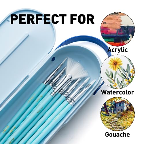 HIMI Paint Brushes Set 8 Pcs for Acrylic Oil Gouache Paint，2 Flat & 2 Round & 2 Liner &1 Filbret &1 Fan, 8pcs Brushs, Interesting Designed Nice Gift for Art hobbyist Beginners Artists (Blue,8 Pcs) - Image 3