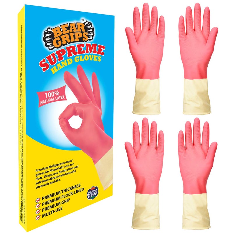 BEAR GRIPS BEAR GRIPS Supreme Reusable Latex Rubber Dish Washing and Cleaning Gloves Gardening Kitchen Car and Bathroom cleaning heavyduty hand gloves Large Pink White 2 Pairs 
