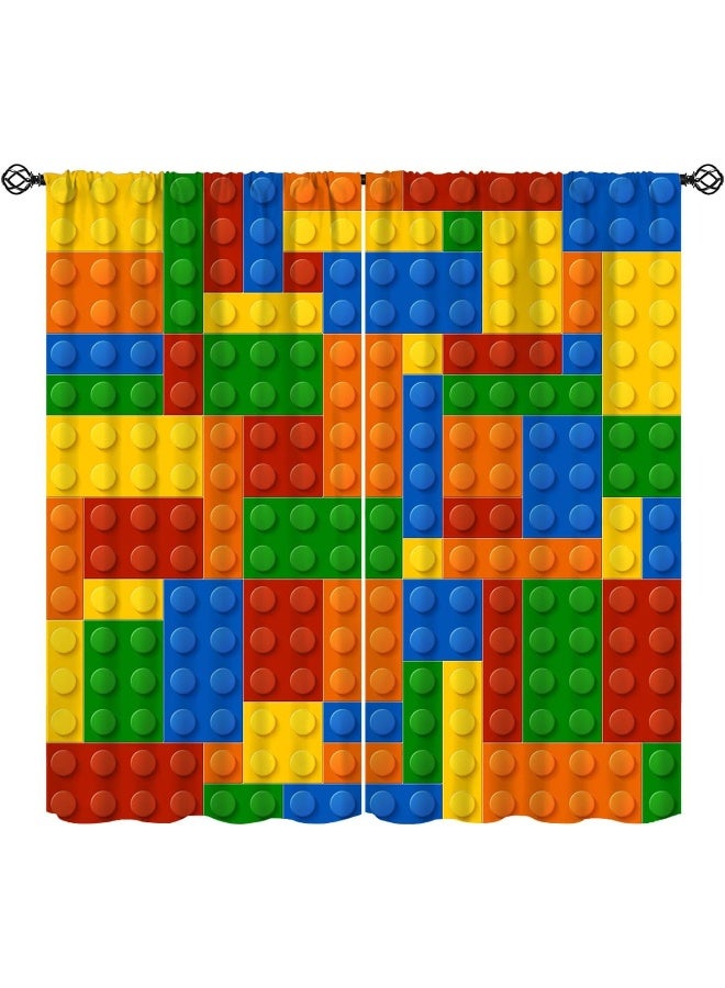 Home Trove Shelifestyle Kids Building Blocks Toy Curtains, Color Constructor Geometric Blocks Abstract Contour Brick Print Window Treatments Drapes For Boys Girls Nursery Bedroom Living Room Playroom  - Image 1