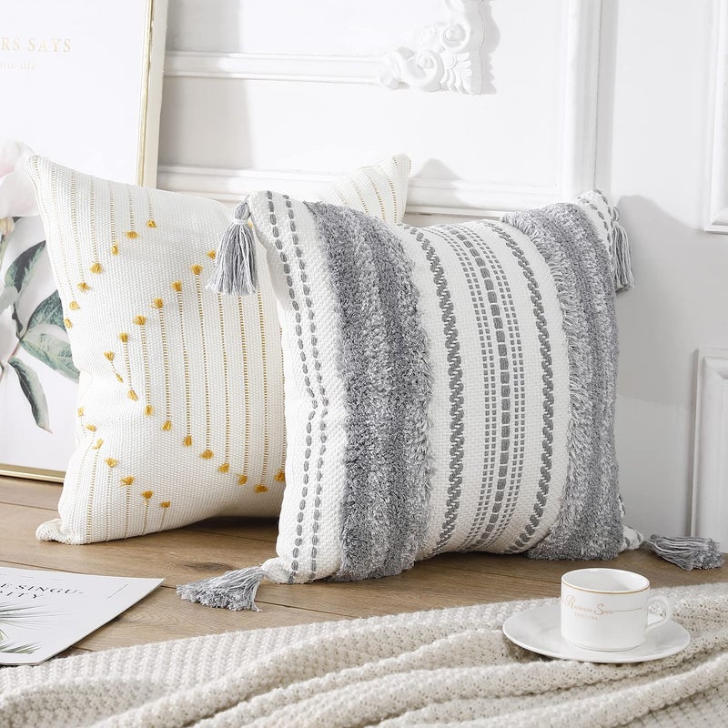PANOD Decorative Boho Throw Pillow Covers 18x18 Set of 2 Modern Accent Grey and Yellow Cute Pillow Covers Pillowcase Cushion Case for Couch Bed Bedroom Sofa Livingroom Farmhouse