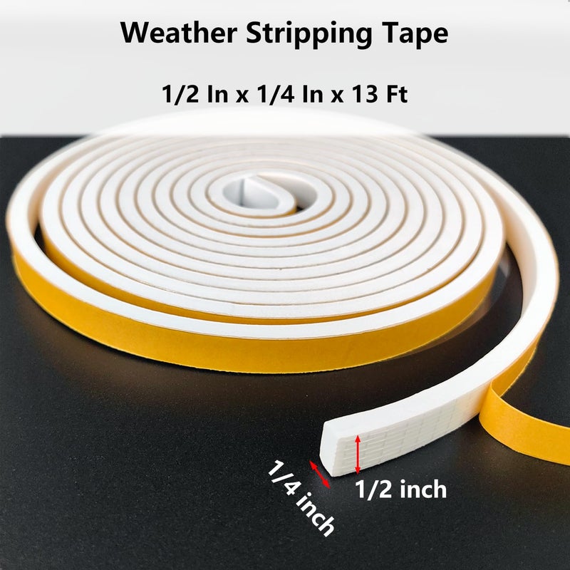 Topiverse Weather Stripping Door Seal Strip, Strong Adhesive, Weatherproof, Reduce Noise, Gap Filler, Foam Insulation Tape for Doors and Windows (1/2 in x 1/4 in x 13 Ft), White - Image 2