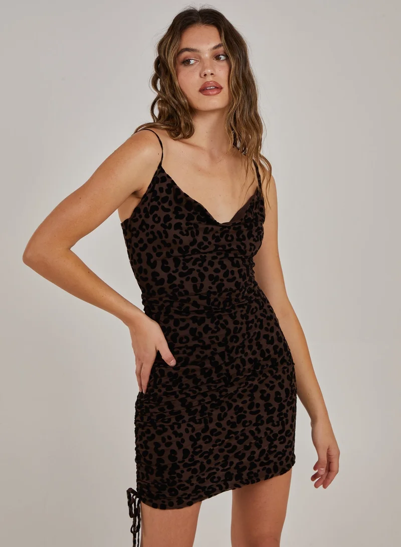 بينك فانيلا Mesh Leopard Print Cowl Neck Dress