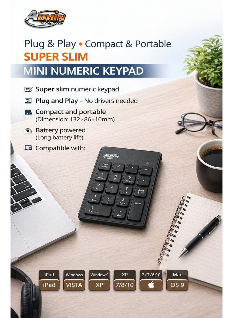 ADMIN TECHNOLOGY 2.4GHz Wireless Numeric Keypad with 18 Keys- Slim Mini Number Pad for Financial Accounting, Compatible with Laptop, Desktop & PC - Image 3