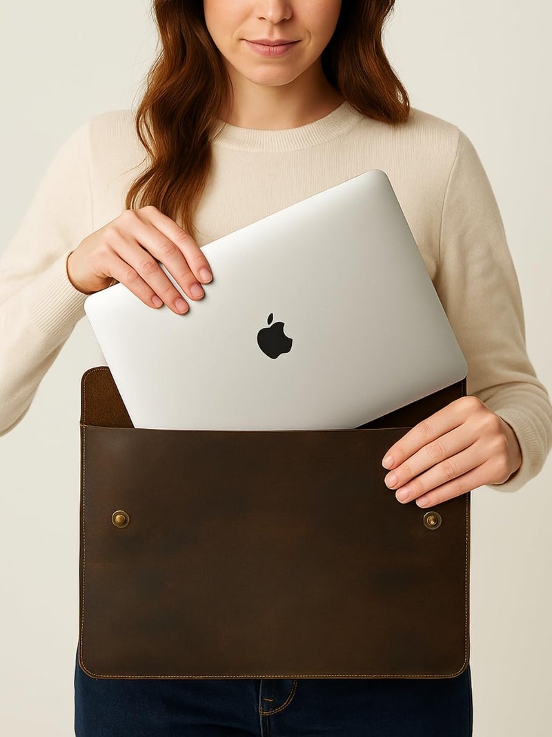 MaheTri Fastway Handcrafted Genuine Leather Sleeve/Folio for Laptop/Tablet/iPad Pro (Upto 14") – Slim Protective Tan/Brown Case, Lightweight & Secure Metal Snap Closure (Dark Brown, 13) - Image 3