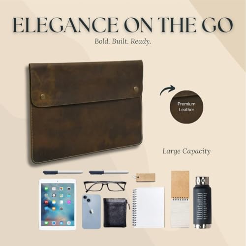 MaheTri Fastway Handcrafted Genuine Leather Sleeve/Folio for Laptop/Tablet/iPad Pro (Upto 14") – Slim Protective Tan/Brown Case, Lightweight & Secure Metal Snap Closure (Dark Brown, 13) - Image 4