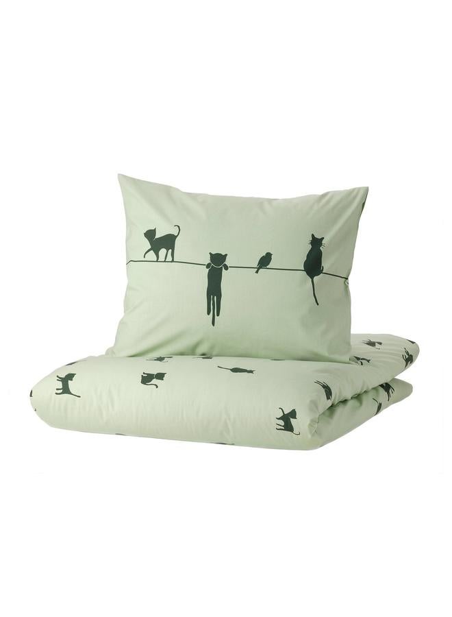 erorex Duvet cover and pillowcase, cat pattern/green, 150x200/50x80 cm - Image 1