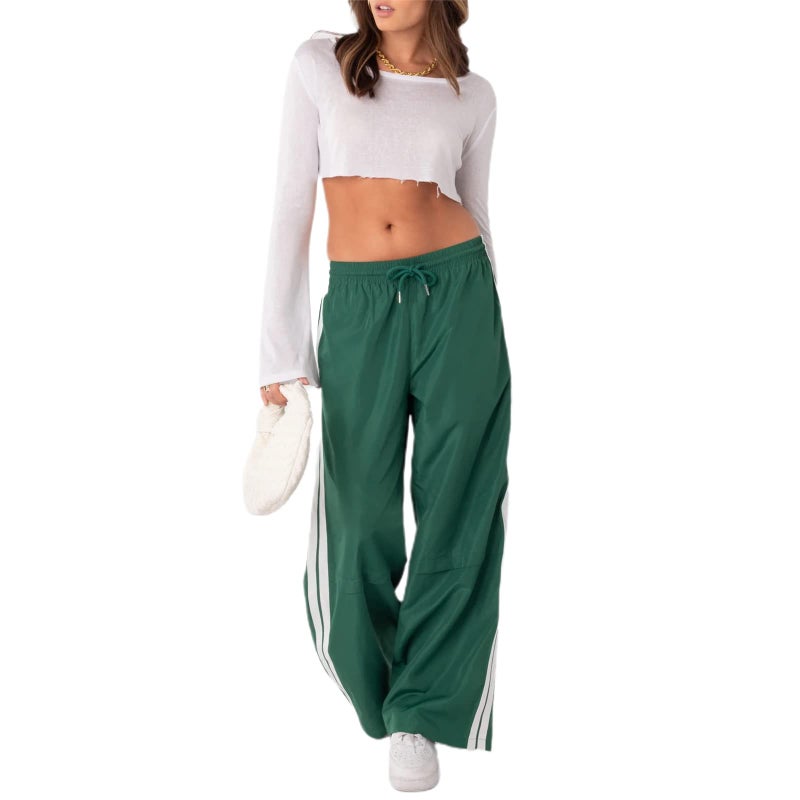 KMBANGI Women Striped Track Pants Elastic Waist Straight Leg Sweatpants Joggers Wide Leg Side Stripes Pants with Pockets(Leisure Green,S) - Image 4