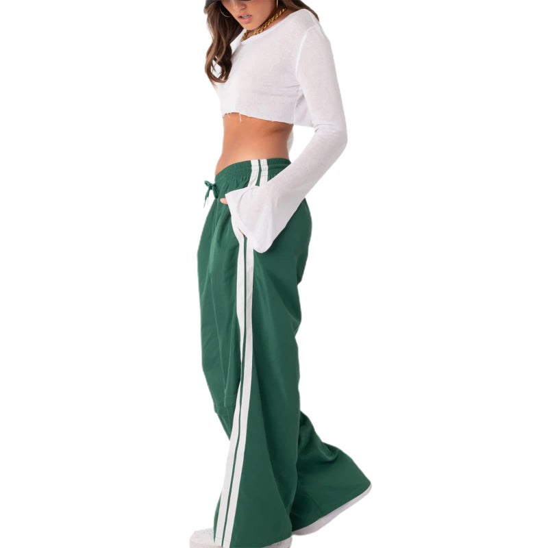 KMBANGI Women Striped Track Pants Elastic Waist Straight Leg Sweatpants Joggers Wide Leg Side Stripes Pants with Pockets(Leisure Green,S) - Image 2
