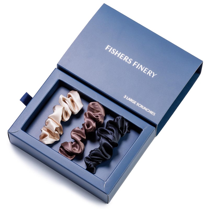 Fishers Finery 25 Momme Pure Mulberry Silk Large Scrunchies Hair Tie Set Gentle and Prevents Breakage TaupeChocolateBlack 3 PK