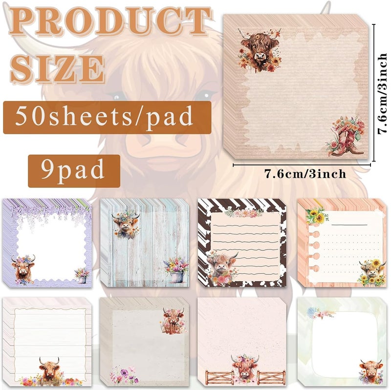 Gansita 9 Pack Cute Sticky Notes Cartoon Animal Self Stick Notepads 3x3 Inches Highland Cow Notes Adhesive Memo Pad Office Decor Gifts for Home School Office Supplies (450 Sheets) - Image 2