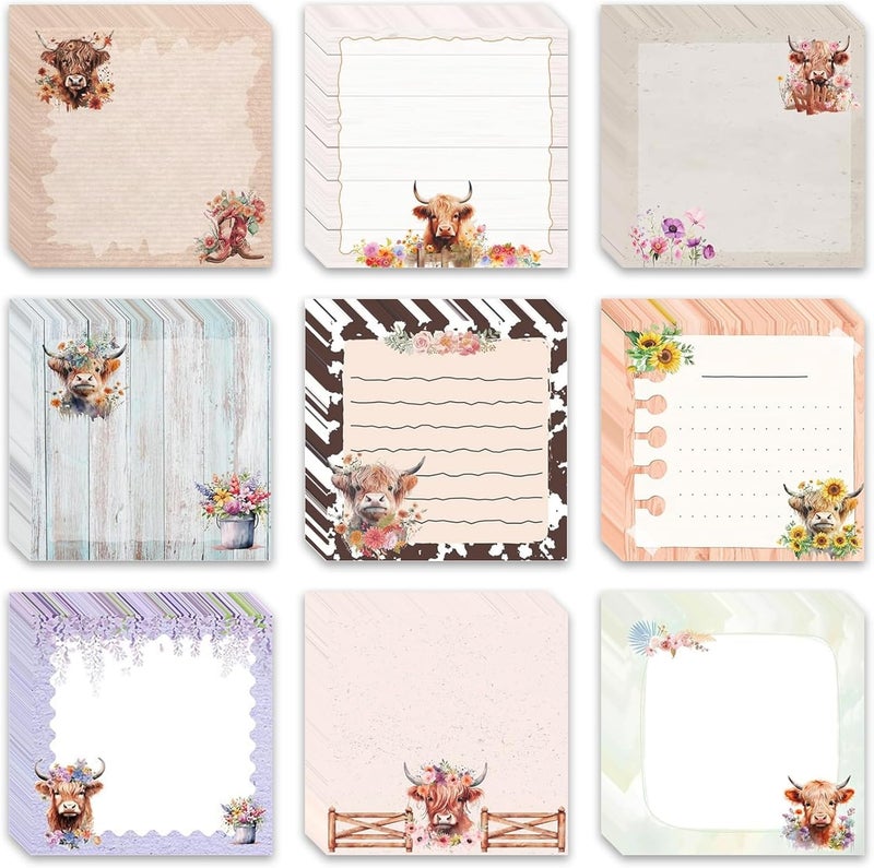 Gansita 9 Pack Cute Sticky Notes Cartoon Animal Self Stick Notepads 3x3 Inches Highland Cow Notes Adhesive Memo Pad Office Decor Gifts for Home School Office Supplies (450 Sheets) - Image 1