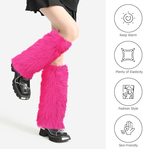 XEPST Faux Fur Fuzzy Leg Warmers Furry Boot Covers for Women, Warm Fuzzy Boot Cuff Boot Sleeves Leg Warmers for Party Costumes - Rose red - Image 2