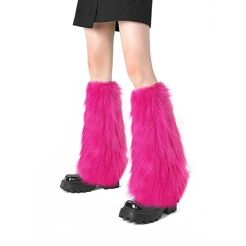 XEPST Faux Fur Fuzzy Leg Warmers Furry Boot Covers for Women, Warm Fuzzy Boot Cuff Boot Sleeves Leg Warmers for Party Costumes - Rose red - Image 1