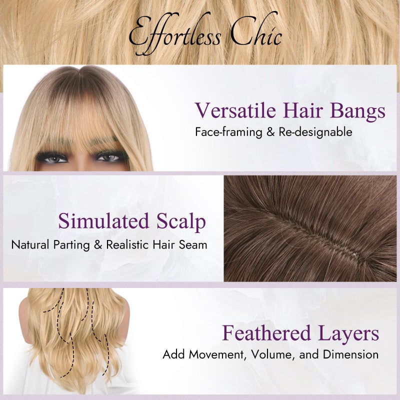 BARSDAR Ombre Blonde Layered Wig with Bangs - 20 Inch Blonde Ombre Layered Wig with Dark Roots for Women - Natural Looking Soft Wavy Synthetic Sabrina Wigs Layers Haircut Fringe Daily - Image 3