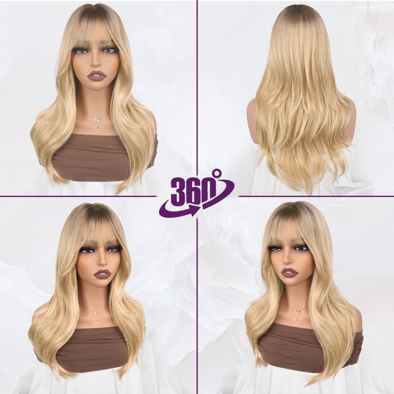 BARSDAR Ombre Blonde Layered Wig with Bangs - 20 Inch Blonde Ombre Layered Wig with Dark Roots for Women - Natural Looking Soft Wavy Synthetic Sabrina Wigs Layers Haircut Fringe Daily - Image 5