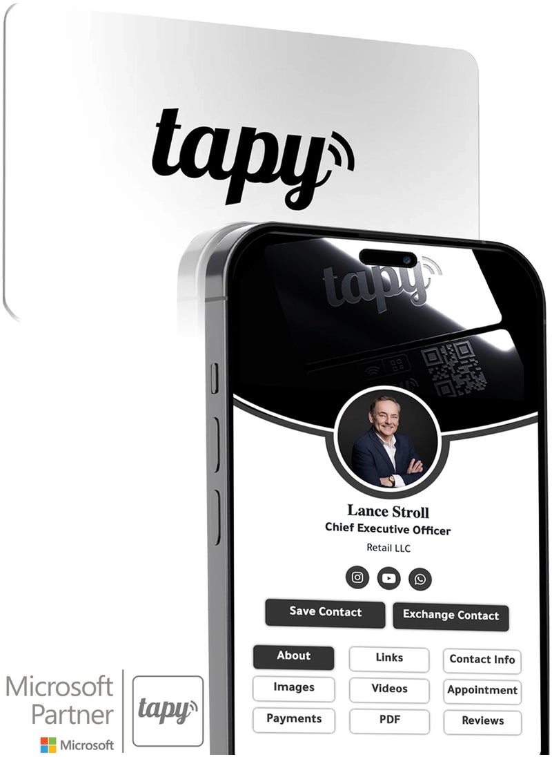Tapy NFC Digital Business Card Premium Pearl White PVC Smart Card Instant Networking Contactless Technology iOS and Android Compatible Powered by Microsoft
