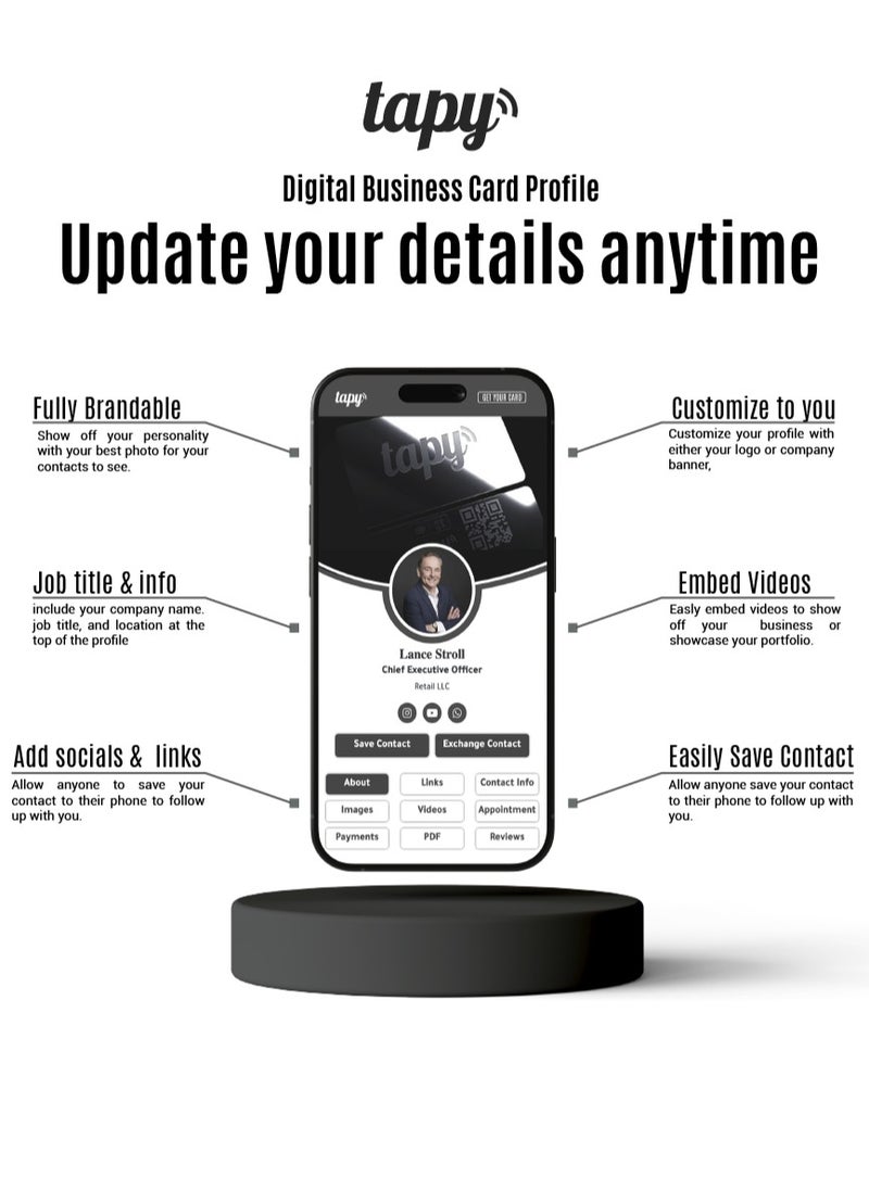 Tapy NFC Digital Business Card Premium Pearl White PVC Smart Card Instant Networking Contactless Technology iOS and Android Compatible Powered by Microsoft