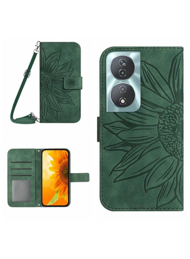 جرين تايجر حافظة هاتف جلدية ذكية بنمط زهرة الشمس لهاتف Honor 90 مع حبل قصير (أخضر)