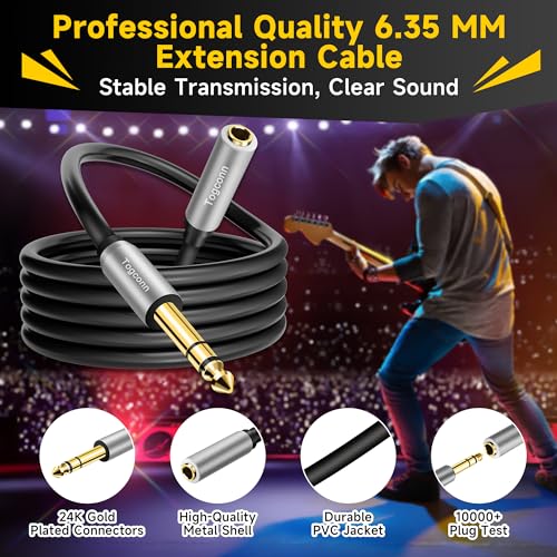 Togconn 1/4 inch Extension Cable 50 Feet, 6.35mm 1/4" TRS Male to Female Stereo Adapter Jack，Quarter inch Headphone Guitar Extension Cable, Hi-Fi Sound, Gold Plated Connectors, Oxygen-Free Copper OFC - Image 2