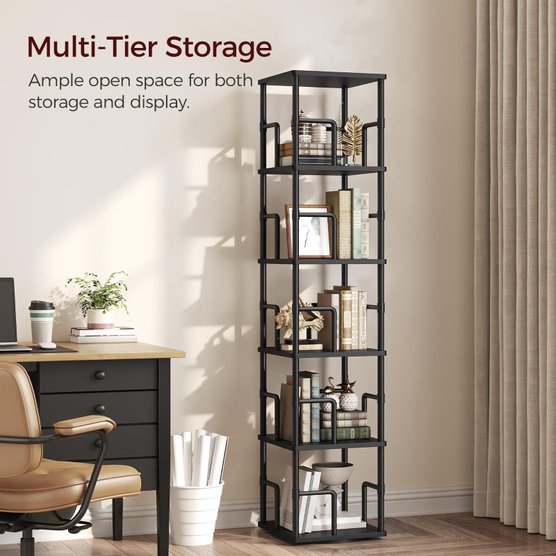 MAHANCRIS 5-Tier Rotating Bookshelf, Freestanding Corner Bookshelf, 360Â° Spinning Bookcase, Industrial Style Storage Rack with Rails, for Living Room, Bedroom, Study, Black BKBK1601 - Image 4