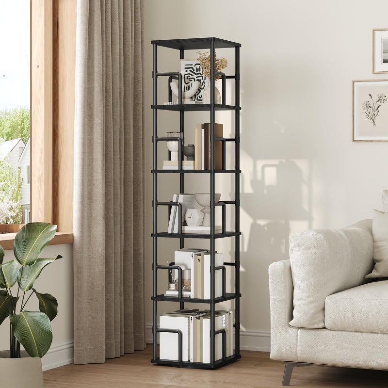 MAHANCRIS 5-Tier Rotating Bookshelf, Freestanding Corner Bookshelf, 360Â° Spinning Bookcase, Industrial Style Storage Rack with Rails, for Living Room, Bedroom, Study, Black BKBK1601 - Image 1
