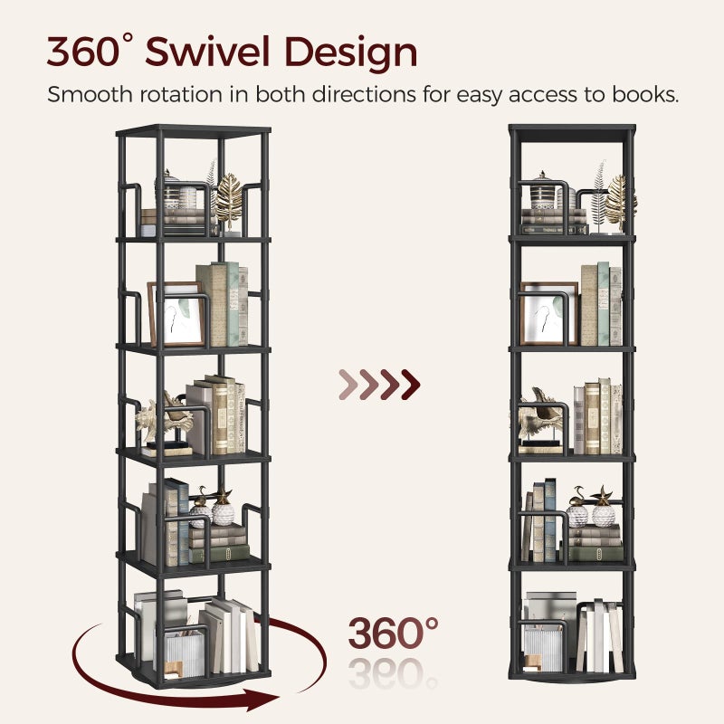 MAHANCRIS 5-Tier Rotating Bookshelf, Freestanding Corner Bookshelf, 360Â° Spinning Bookcase, Industrial Style Storage Rack with Rails, for Living Room, Bedroom, Study, Black BKBK1601 - Image 3