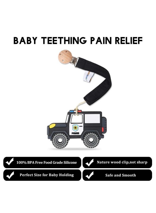 AmazingM - Baby Food Grade Silicone Car Teether Toy With Pacifier Clip Holderteething Pain Relief Toys Gift Set For 3 Months+ Boys And Girlsfreezer Safebpa Free (Police Car Black) - Image 1