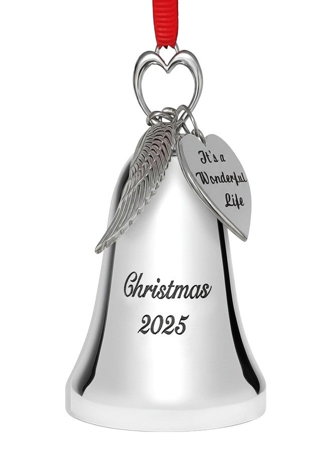 Holiday Jingle زينة جرس عيد الميلاد الفضية 2025 - جرس تذكاري قابل للجمع محفور عليه "عيد الميلاد 2025" مع جناح ملاك وعلامات "إنها حياة رائعة" - تذكار من الفيلم - Image 1