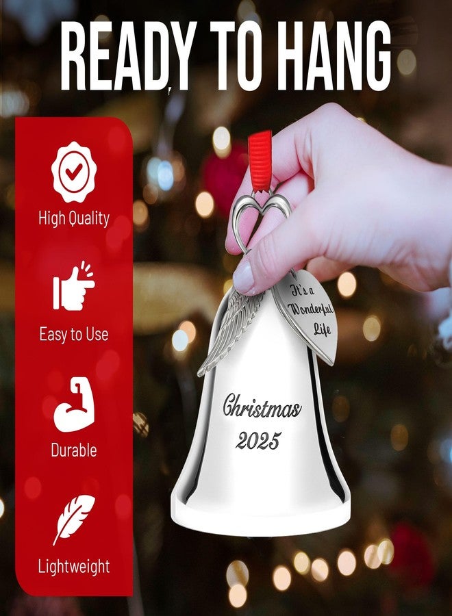 Holiday Jingle زينة جرس عيد الميلاد الفضية 2025 - جرس تذكاري قابل للجمع محفور عليه "عيد الميلاد 2025" مع جناح ملاك وعلامات "إنها حياة رائعة" - تذكار من الفيلم - Image 4