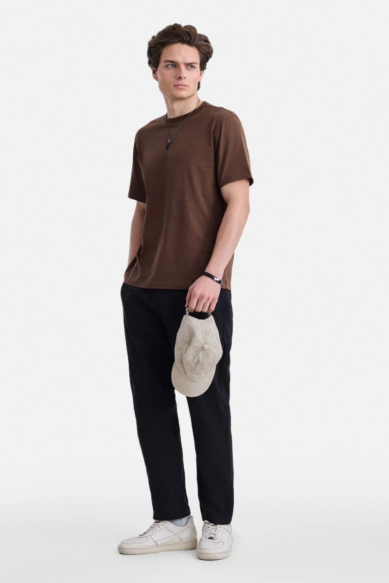 سنيتش Brown Solid Half Sleeve Regular Fit T-Shirt