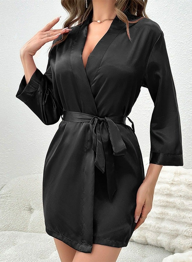 Loquat Women's Imitation Silk Solid Color Nightgown Night-Robe Soft Bathrobe Loungewear Black 