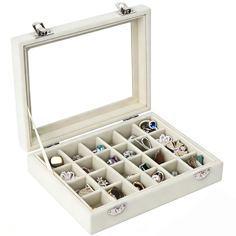 EONGOA Velvet Jewelry Box 24 Grid Jewelry Earrings Display Organiser Box Ring Tray Holder Earrings Storage Case for Girls Women Wife Mom (Beige) - Image 3