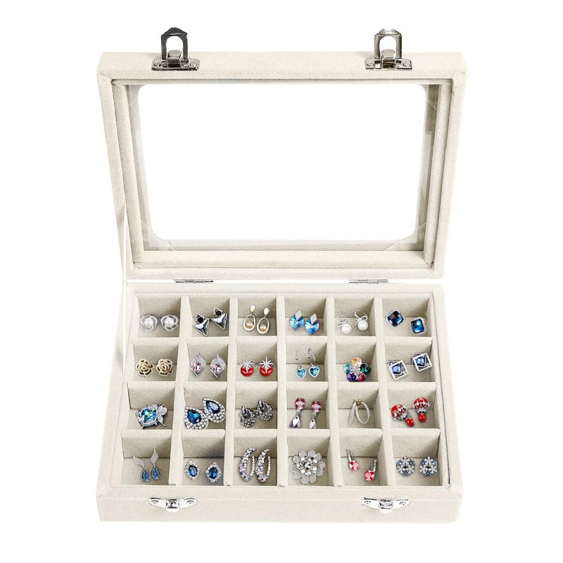 EONGOA Velvet Jewelry Box 24 Grid Jewelry Earrings Display Organiser Box Ring Tray Holder Earrings Storage Case for Girls Women Wife Mom (Beige) - Image 1
