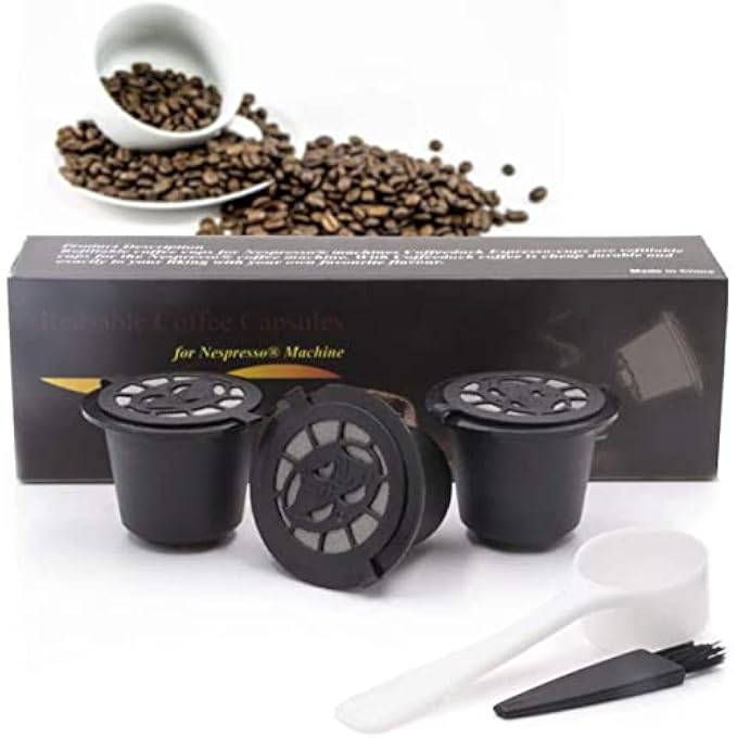 كاست ويف كبسولات قابلة لإعادة التعبئة لآلات نسبرسو، 3 قطع قابلة لإعادة الاستخدام، أكواب قهوة قابلة لإعادة التعبئة، فلتر قهوة لآلات نسبرسو للاستخدام المنزلي والمطبخ والمكتب والاستخدام الخارجي مع ملعقة قهوة وفرشاة باللون الأسود - Image 1