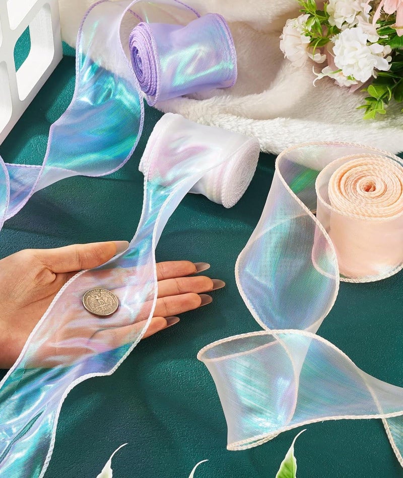 CartHome 3 Pcs Ribbon, Craft Material Organza Ribbon Ribbons Roll Color Organza Lace Gift Wrapping Party Decorations Purple, White, Champagne Pink Set - Image 5