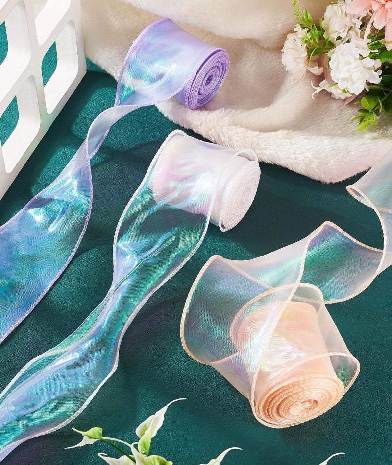 CartHome 3 Pcs Ribbon, Craft Material Organza Ribbon Ribbons Roll Color Organza Lace Gift Wrapping Party Decorations Purple, White, Champagne Pink Set - Image 4