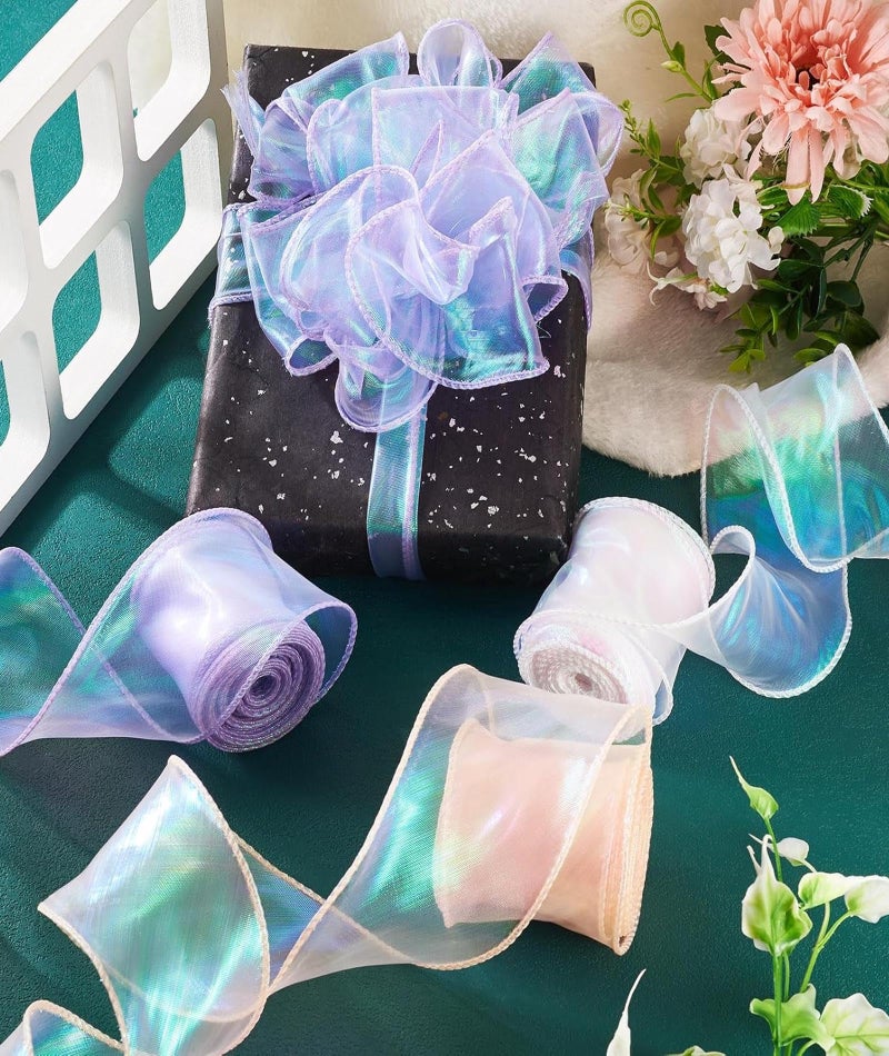 CartHome 3 Pcs Ribbon, Craft Material Organza Ribbon Ribbons Roll Color Organza Lace Gift Wrapping Party Decorations Purple, White, Champagne Pink Set - Image 3