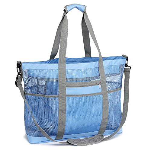 F-color Mesh Beach Bag, 9 Pockets Oversized Beach Tote Bag with Zipper Pool Beach Bag, Blue - Image 1