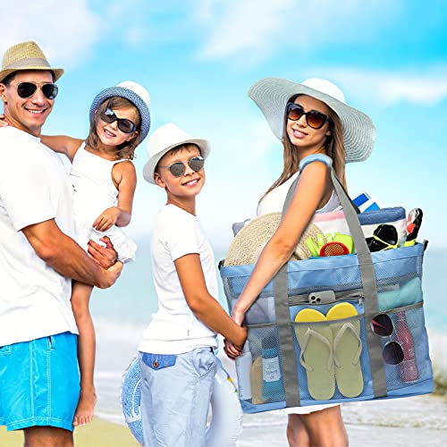 F-color Mesh Beach Bag, 9 Pockets Oversized Beach Tote Bag with Zipper Pool Beach Bag, Blue - Image 2