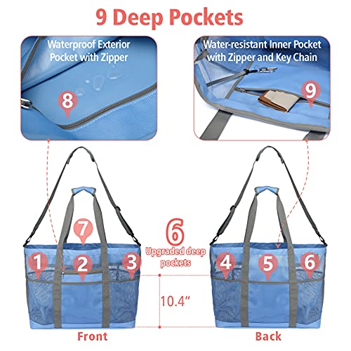 F-color Mesh Beach Bag, 9 Pockets Oversized Beach Tote Bag with Zipper Pool Beach Bag, Blue - Image 5