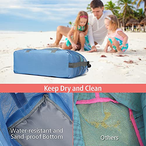 F-color Mesh Beach Bag, 9 Pockets Oversized Beach Tote Bag with Zipper Pool Beach Bag, Blue - Image 3