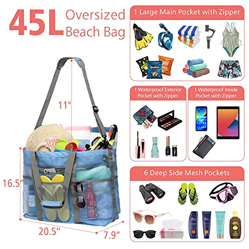 F-color Mesh Beach Bag, 9 Pockets Oversized Beach Tote Bag with Zipper Pool Beach Bag, Blue - Image 4